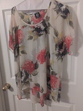 Women's sheer top, white with pink roses, $7.